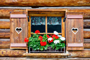 Holzhütte mit offenen Fensterläden